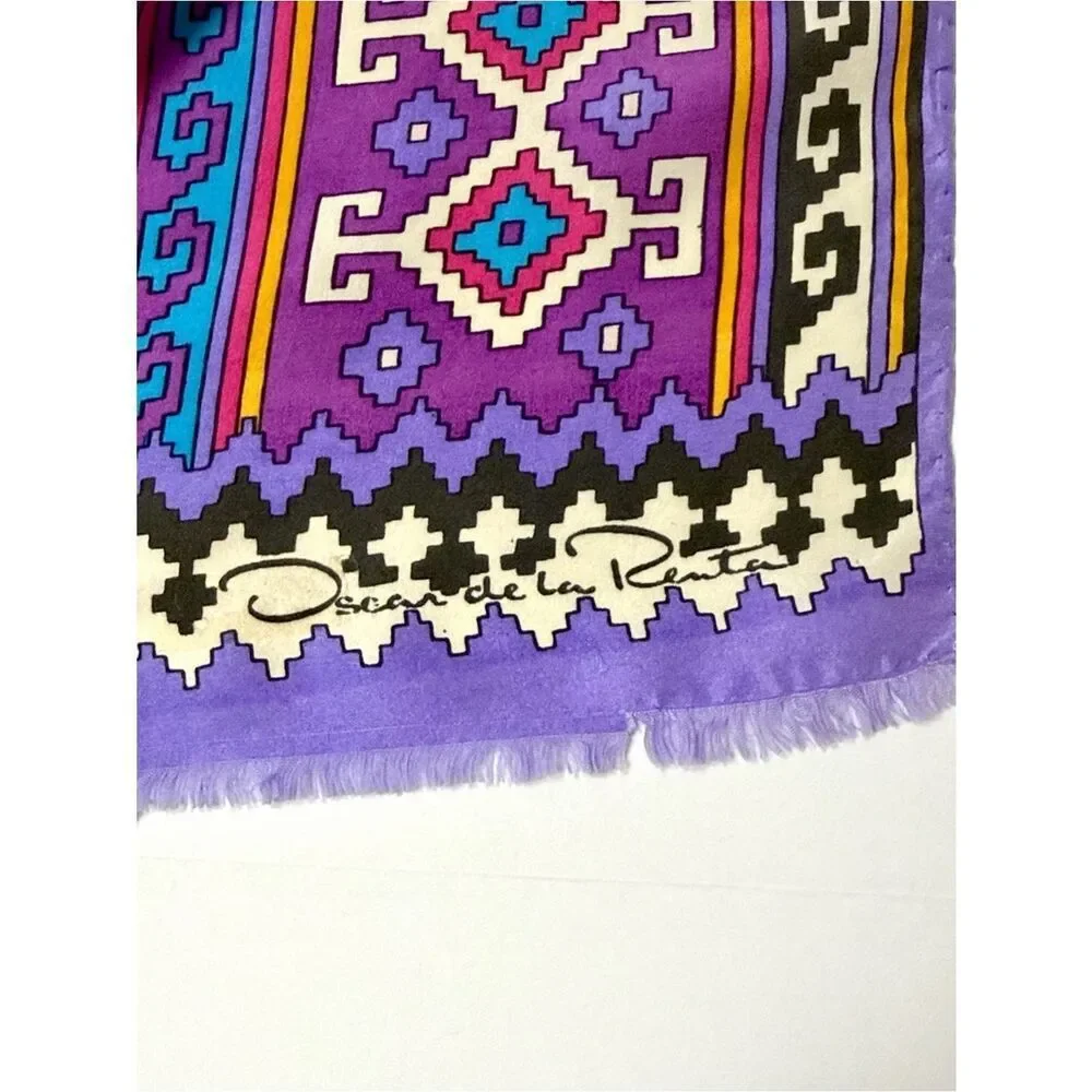 Oscar de la Renta Silk Scarf Geometric Tribal Southwestern Print Purple 11x50